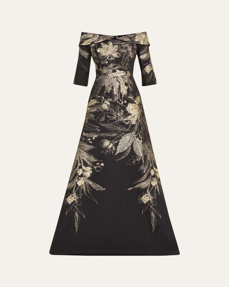 Metallic Jacquard Fold Off-the-Shoulder Gown